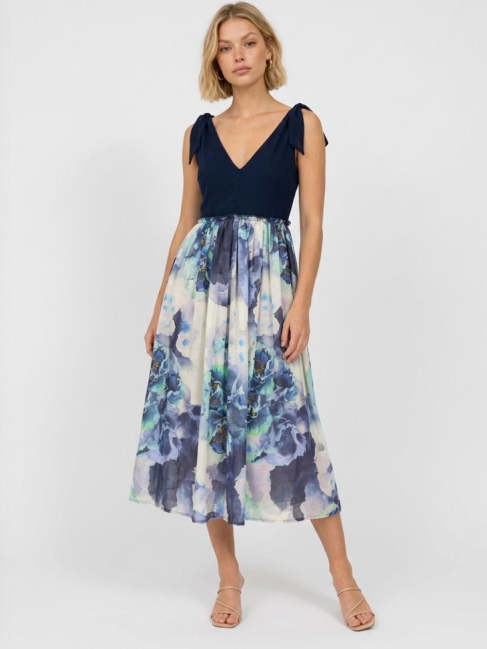 FUZZI Floral V-Neck Midi Dress Navy Blue IT 44 US M
